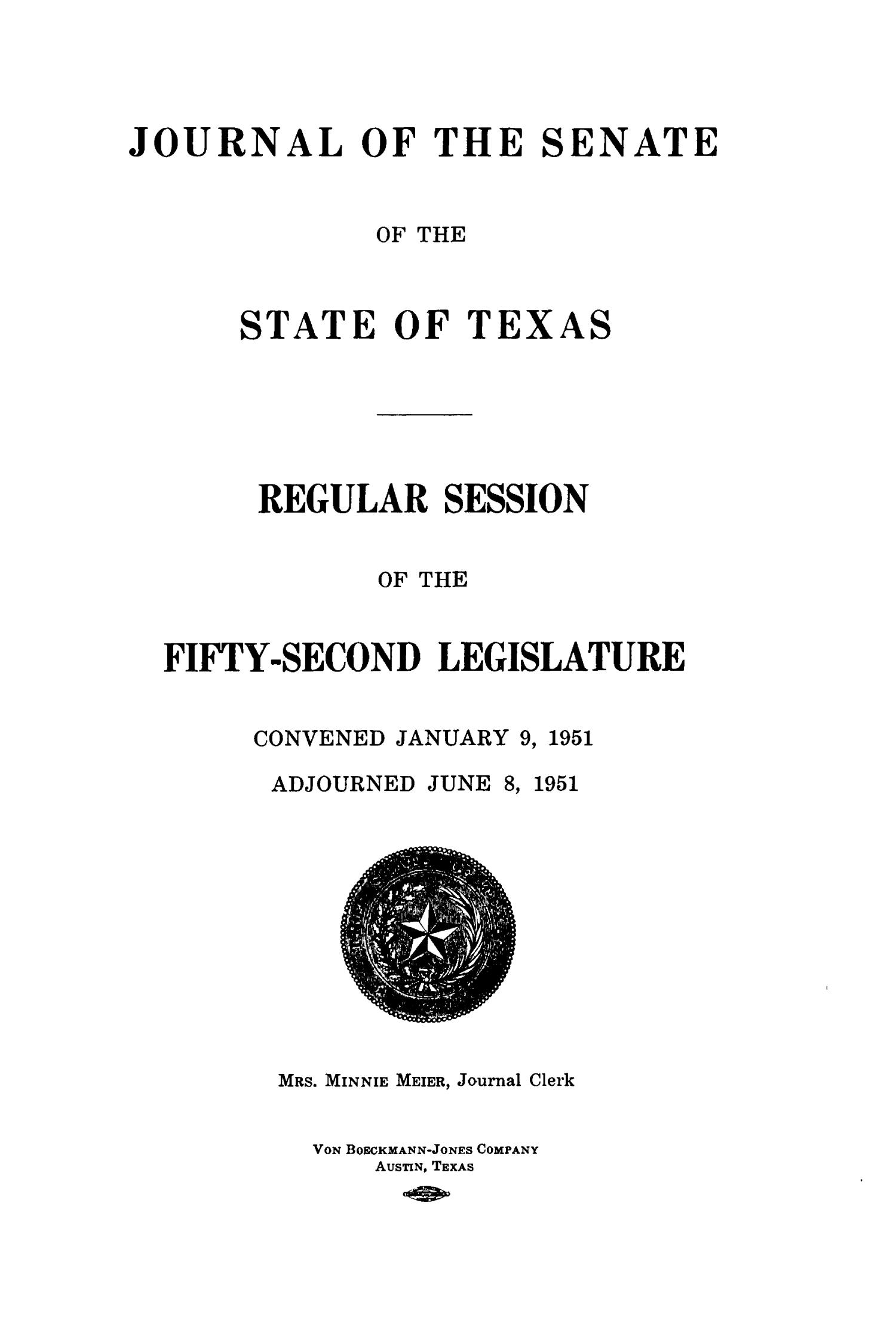 Journal of the Senate of the State of Texas, Regular Session of the Fifty-Second Legislature
                                                
                                                    Title Page
                                                