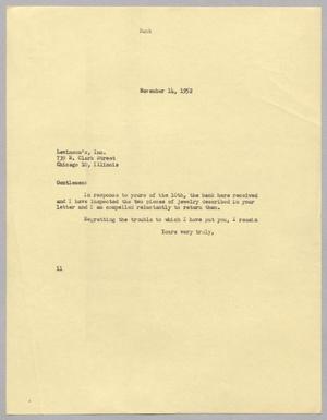 Primary view of [Letter from I. H. Kempner to Levinson's, Inc., November 14, 1952]