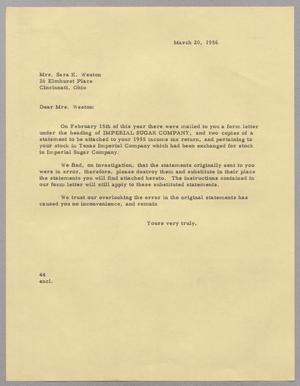 Primary view of object titled '[Letter from A. H. Blackshear, Jr. to Sara K. Weston, March 20, 1956]'.