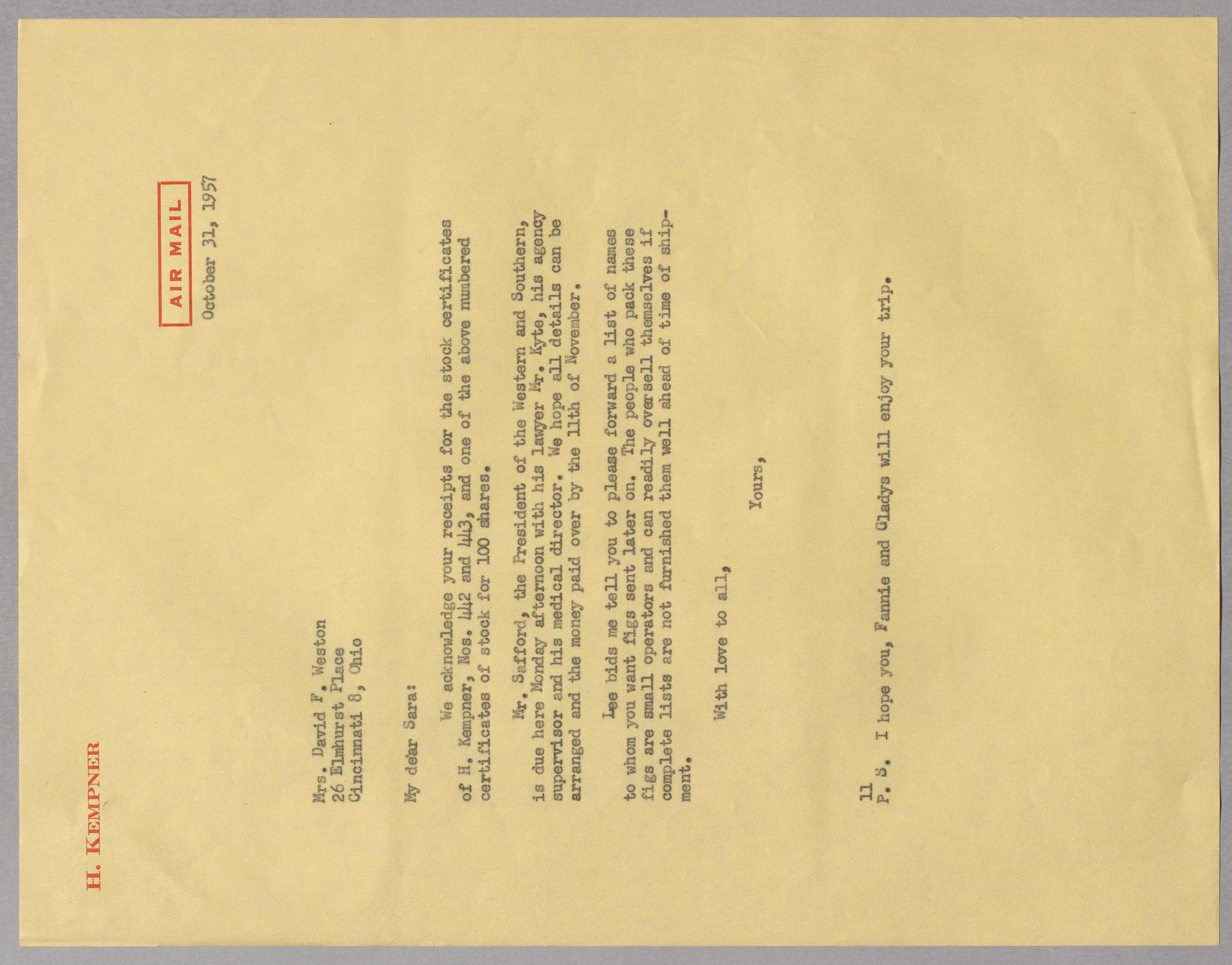 [Letter from I. H. Kempner to Mrs. David F. Weston, October 31, 1957]
                                                
                                                    [Sequence #]: 1 of 2
                                                