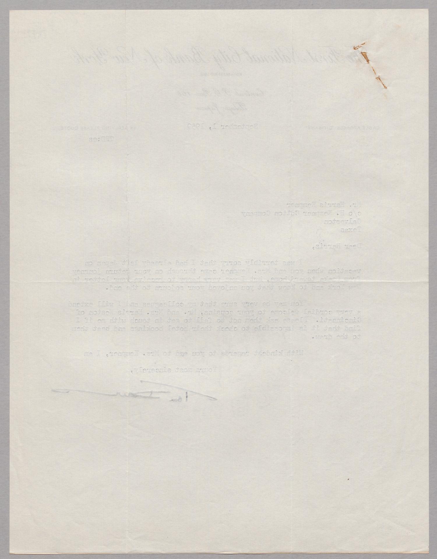 [Letter from Tom P. Davis to Harris Kempner, September 1, 1959]
                                                
                                                    [Sequence #]: 2 of 2
                                                