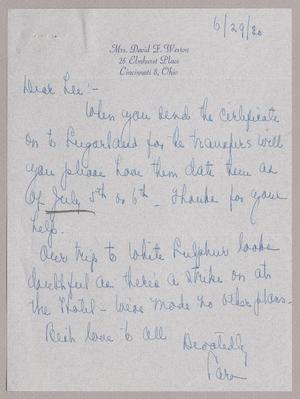 Primary view of object titled '[Letter from Mrs. David F. Weston to Robert Lee Kempner, June 29, 1960]'.