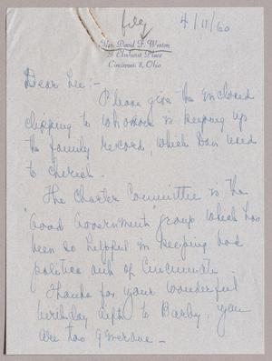 Primary view of object titled '[Handwritten Letter from Mrs. David F. Weston to Robert Lee Kempner, April 11, 1960]'.