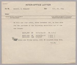 Primary view of object titled '[Inter-Office Letter from Robert Lee Kempner to H. Kempner (firm), November 29, 1944]'.