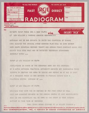 Primary view of object titled '[Telegram from Paul de la Vallee Poussin to General William J. D. Amancue, June, 1950]'.