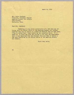 Primary view of object titled '[Letter from I. H. Kempner to Mrs. Louis Jacobson, March 10, 1952]'.