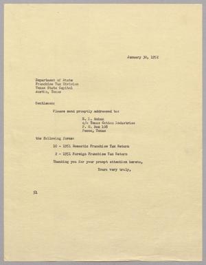 Primary view of object titled '[Letter from R. I. Mehan to Department of State, January 30, 1952]'.