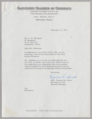 Primary view of object titled '[Letter from Virginia R. Hurst to I. H. Kempner, February 15, 1957]'.
