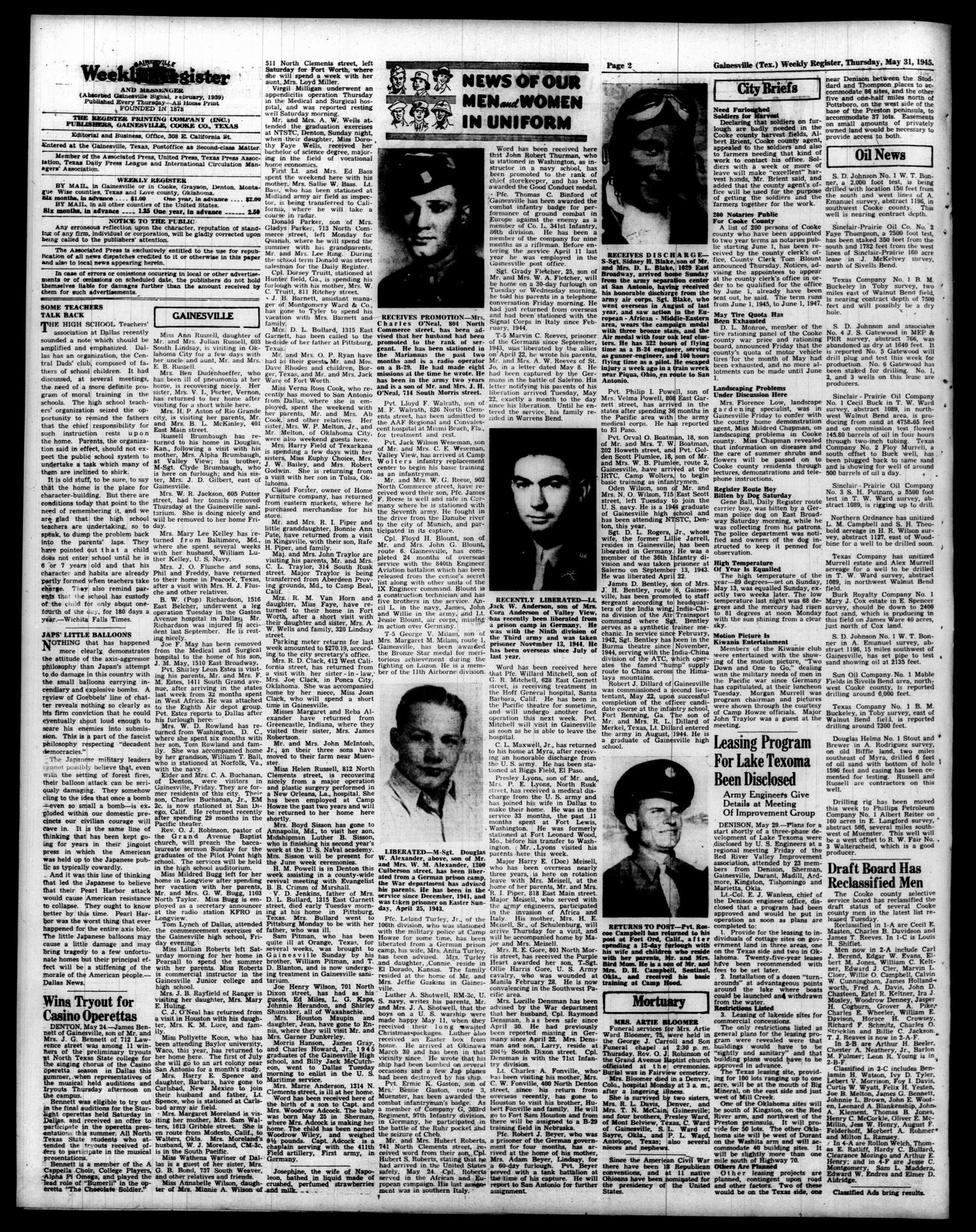 Gainesville Weekly Register (Gainesville, Tex.), Vol. 67, No. 47, Ed. 1 Thursday, May 31, 1945
                                                
                                                    [Sequence #]: 2 of 6
                                                