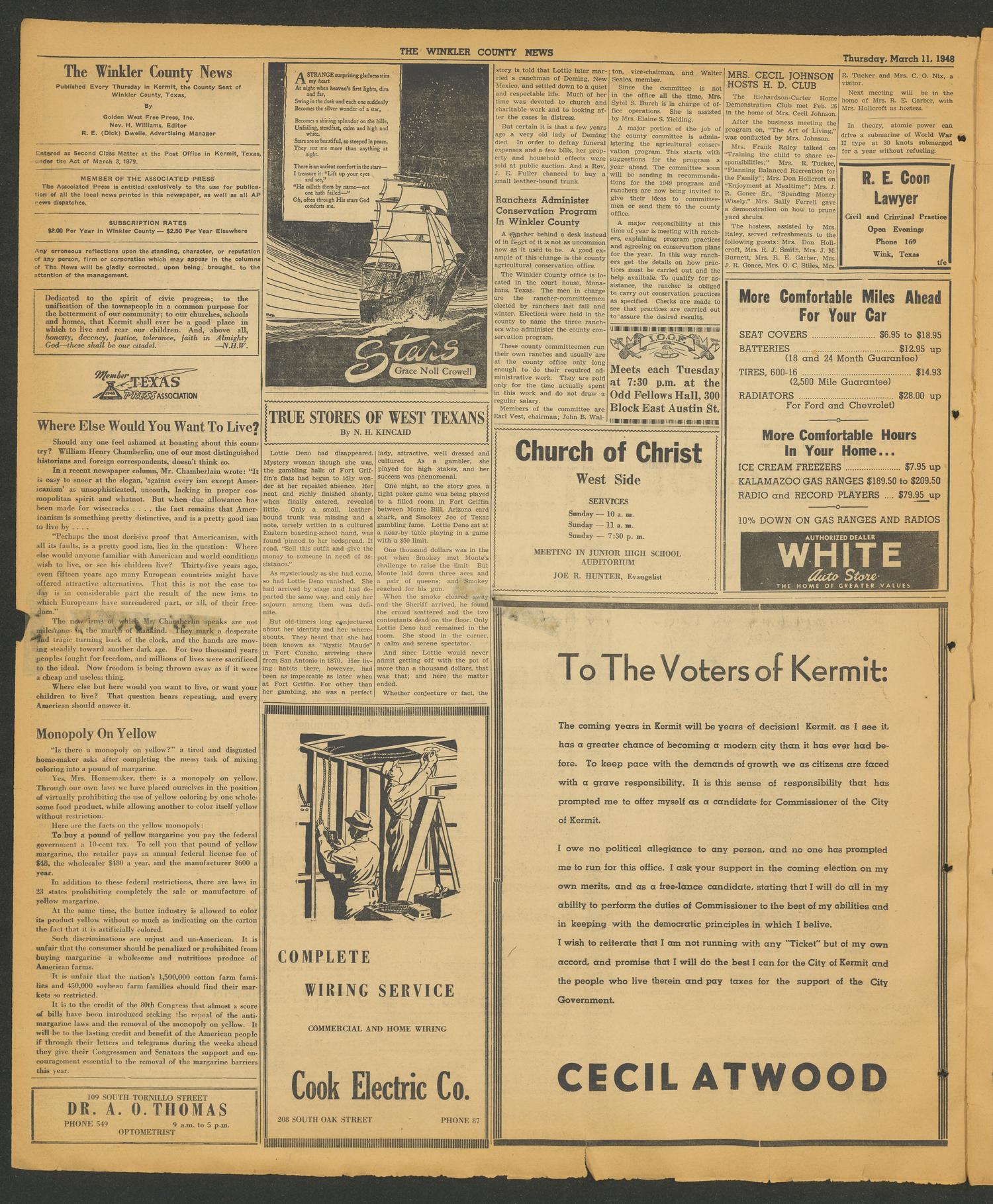 The Winkler County News (Kermit, Tex.), Vol. 12, No. 1, Ed. 1 Thursday, March 11, 1948
                                                
                                                    [Sequence #]: 2 of 20
                                                