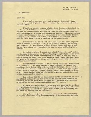 Primary view of object titled '[Letter from D. W. Kempner to I. H. Kempner, October 14, 1953]'.