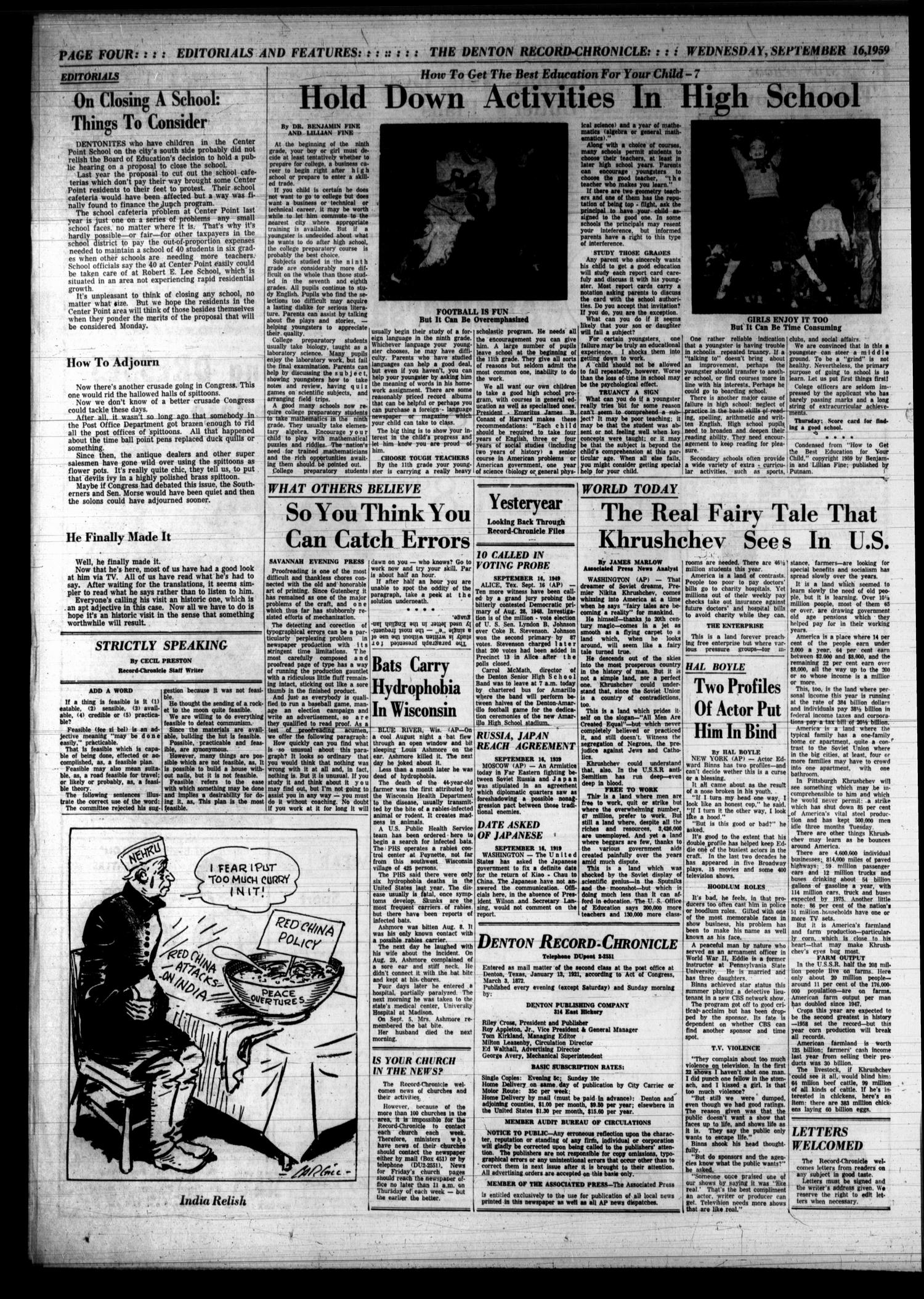 Denton Record-Chronicle (Denton, Tex.), Vol. 57, No. 38, Ed. 1 Wednesday, September 16, 1959
                                                
                                                    [Sequence #]: 4 of 12
                                                
