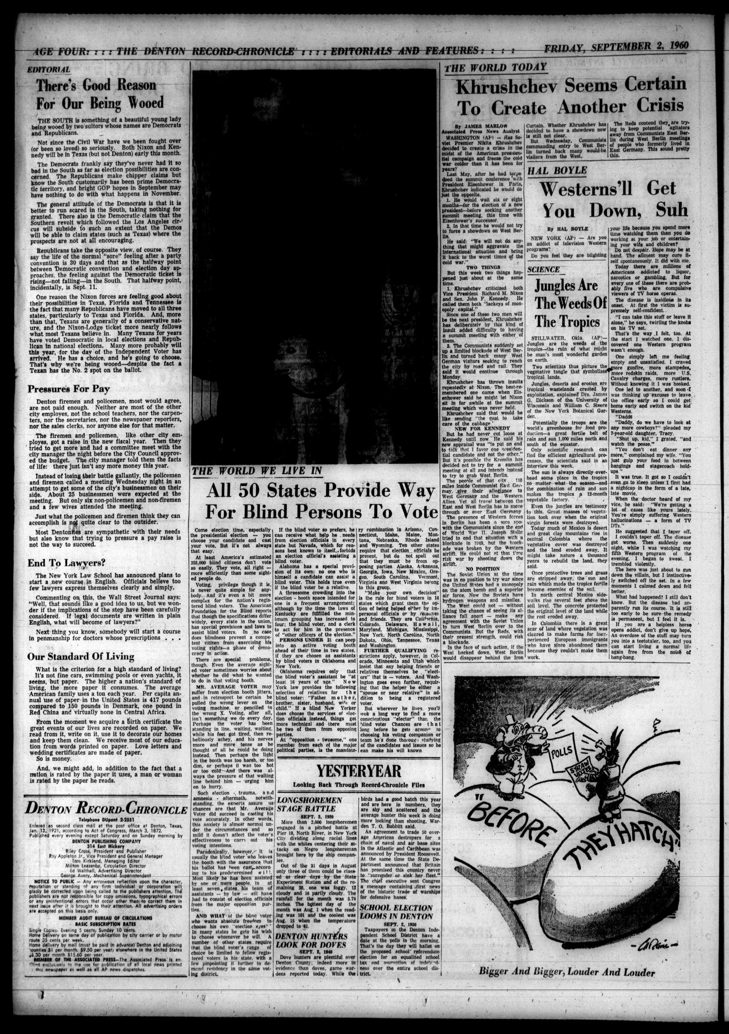 Denton Record-Chronicle (Denton, Tex.), Vol. 58, No. 26, Ed. 1 Friday, September 2, 1960
                                                
                                                    [Sequence #]: 4 of 12
                                                