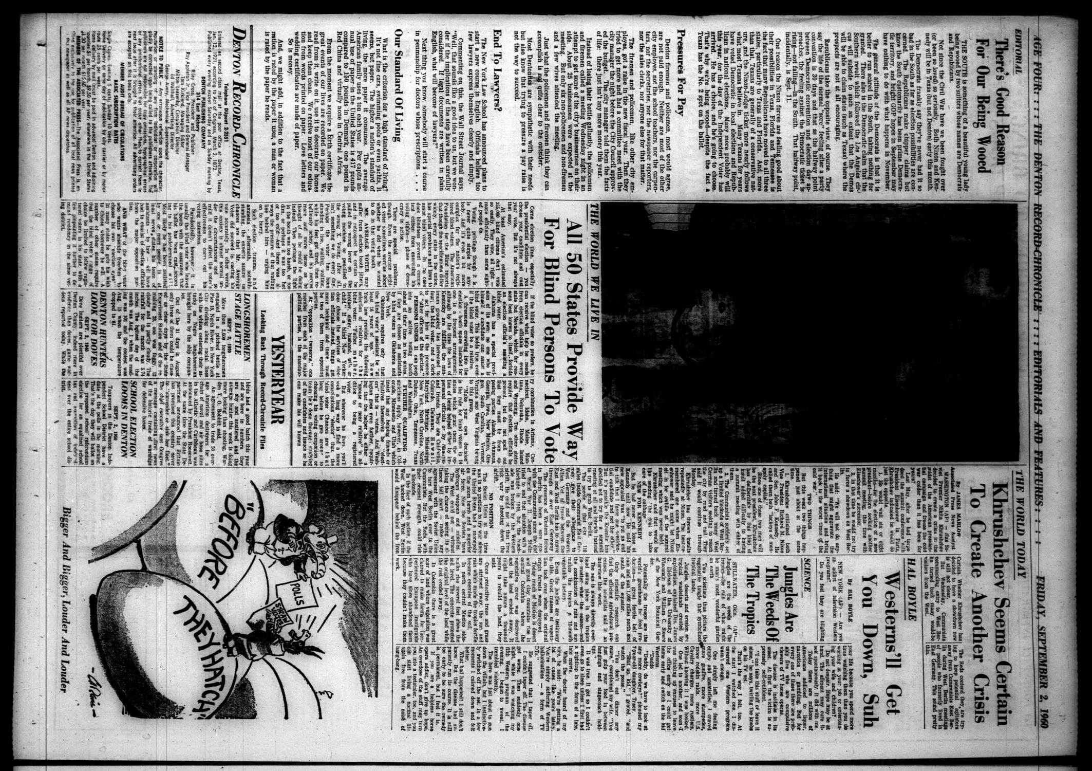 Denton Record-Chronicle (Denton, Tex.), Vol. 58, No. 26, Ed. 1 Friday, September 2, 1960
                                                
                                                    [Sequence #]: 4 of 12
                                                