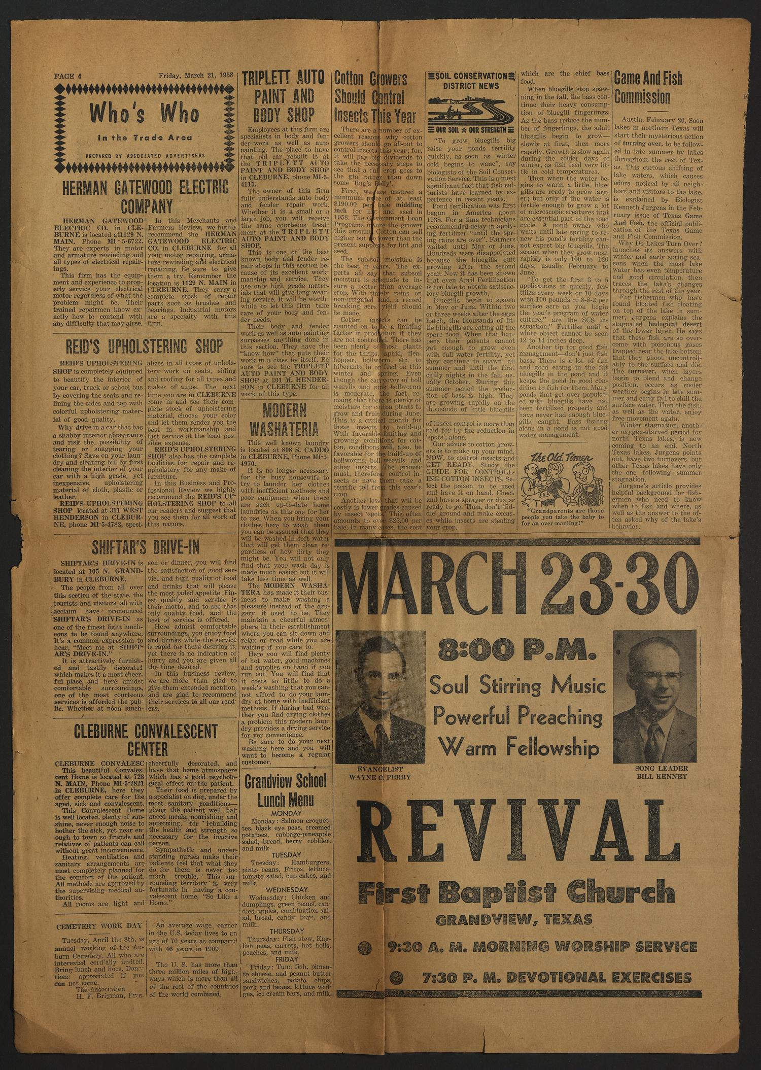 The Grandview Tribune (Grandview, Tex.), Vol. 63, No. 29, Ed. 1 Friday, March 21, 1958
                                                
                                                    [Sequence #]: 4 of 6
                                                