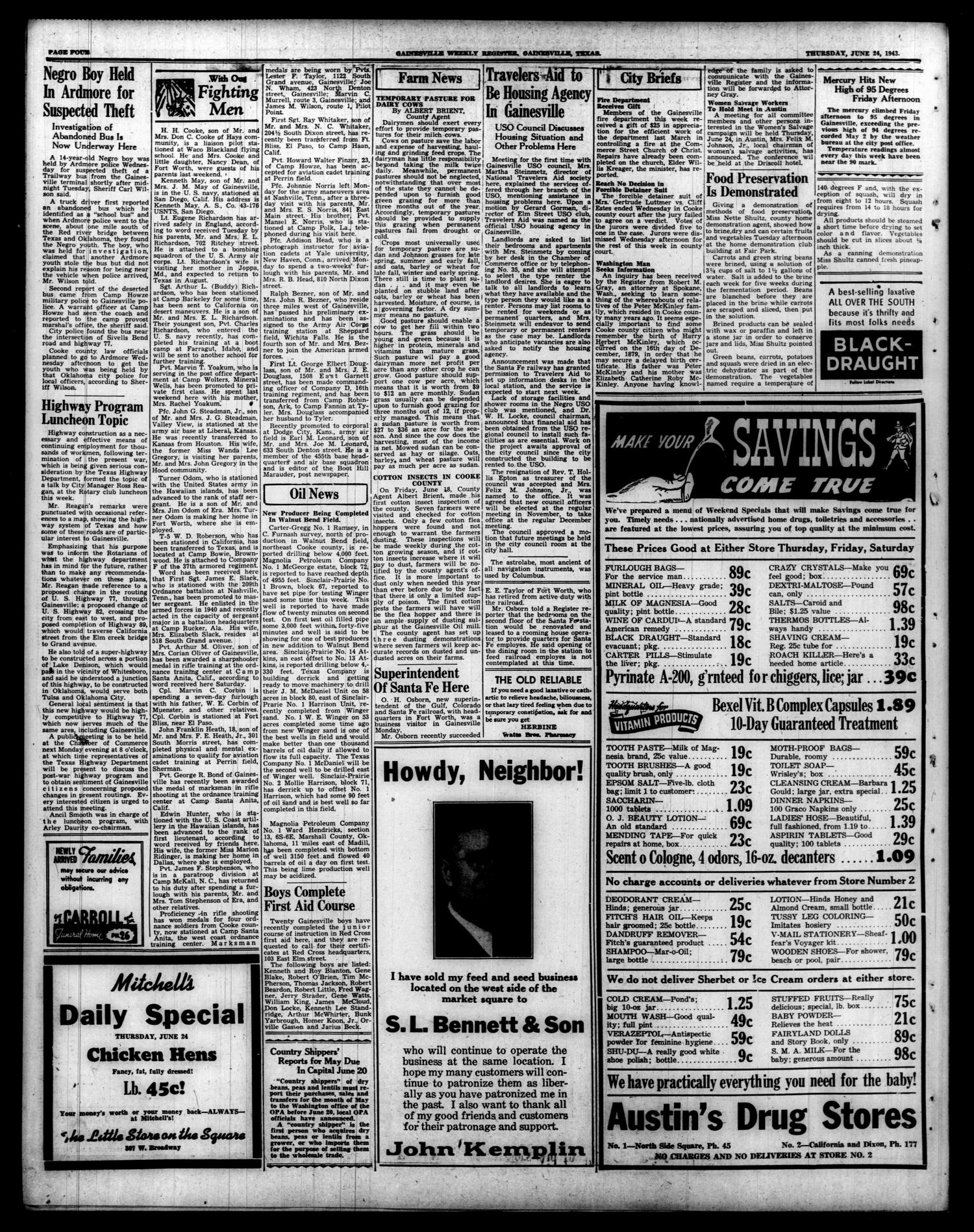 Gainesville Weekly Register (Gainesville, Tex.), Vol. 64, No. 50, Ed. 1 Thursday, June 24, 1943
                                                
                                                    [Sequence #]: 4 of 4
                                                