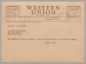 Primary view of object titled '[Telegram from Hennie and Ike to Hattie Kempner, October 19, 1949]'.