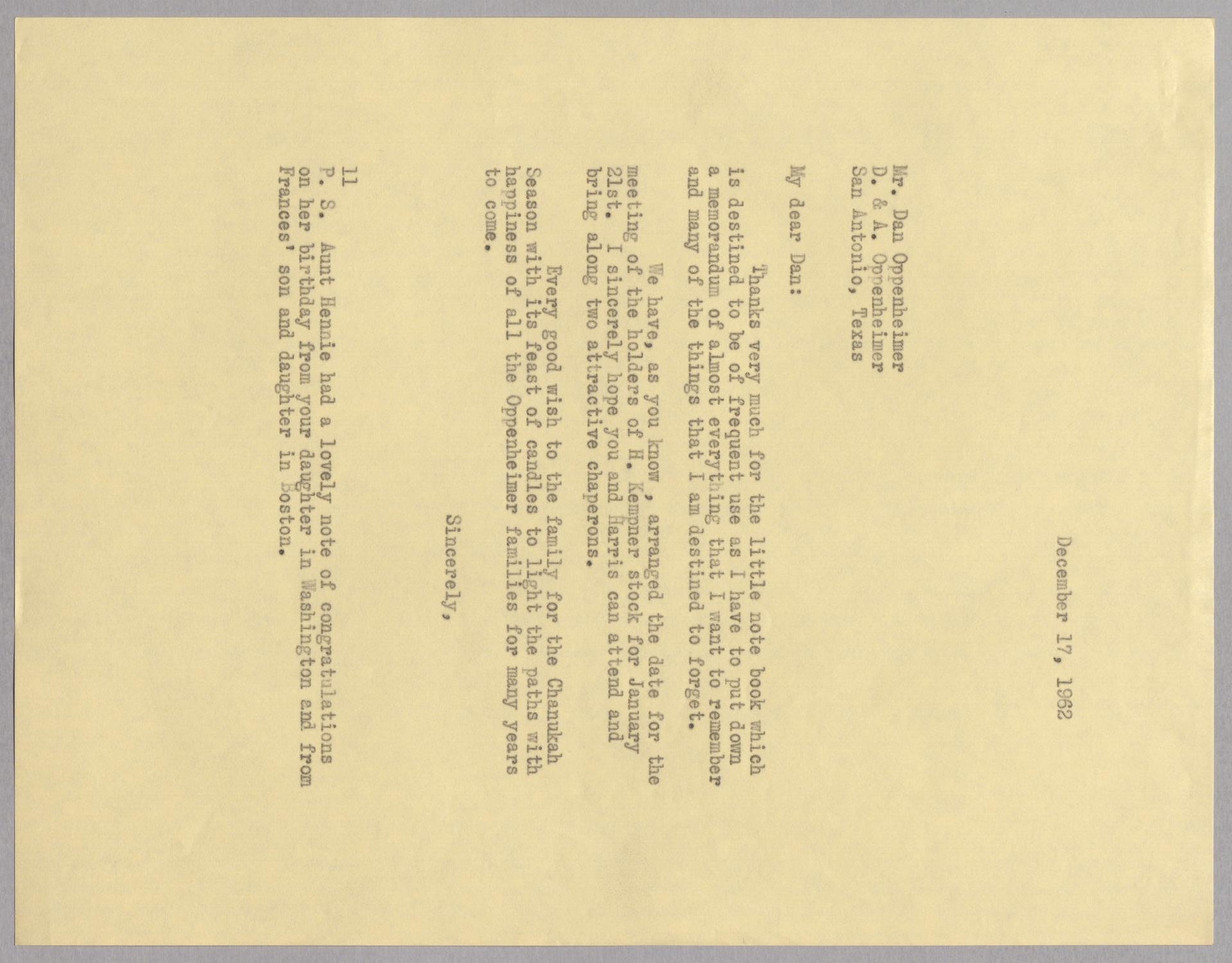 [Letter from I. H. Kempner to Dan Oppenheimer, December 17, 1962]
                                                
                                                    [Sequence #]: 1 of 2
                                                