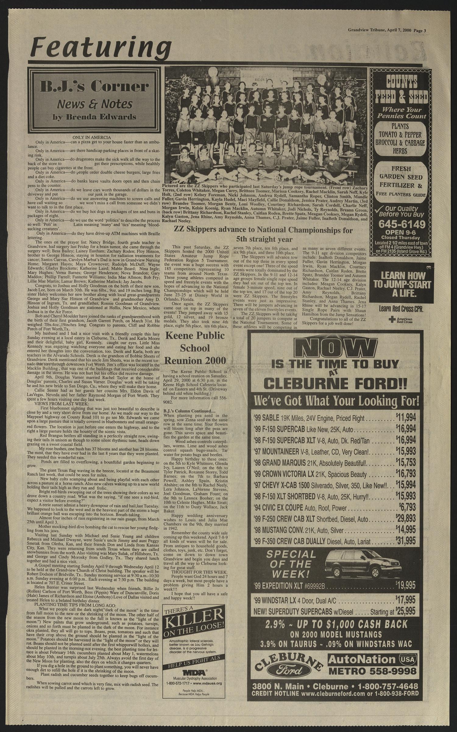 Grandview Tribune (Grandview, Tex.), Vol. 105, No. 34, Ed. 1 Friday, April 7, 2000
                                                
                                                    [Sequence #]: 3 of 12
                                                