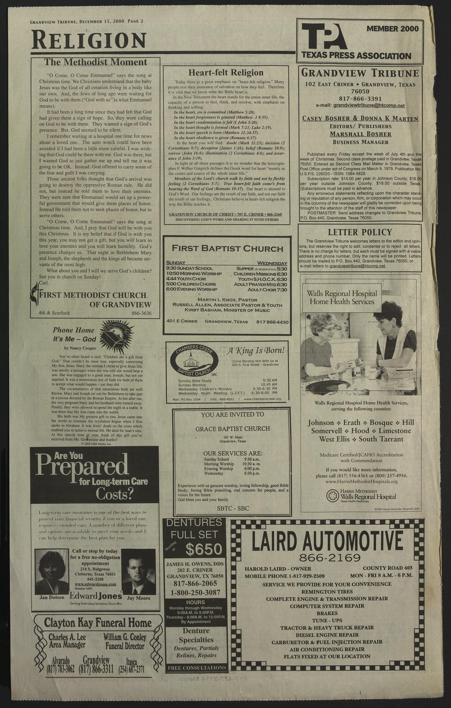 Grandview Tribune (Grandview, Tex.), Vol. 106, No. 18, Ed. 1 Friday, December 15, 2000
                                                
                                                    [Sequence #]: 2 of 10
                                                