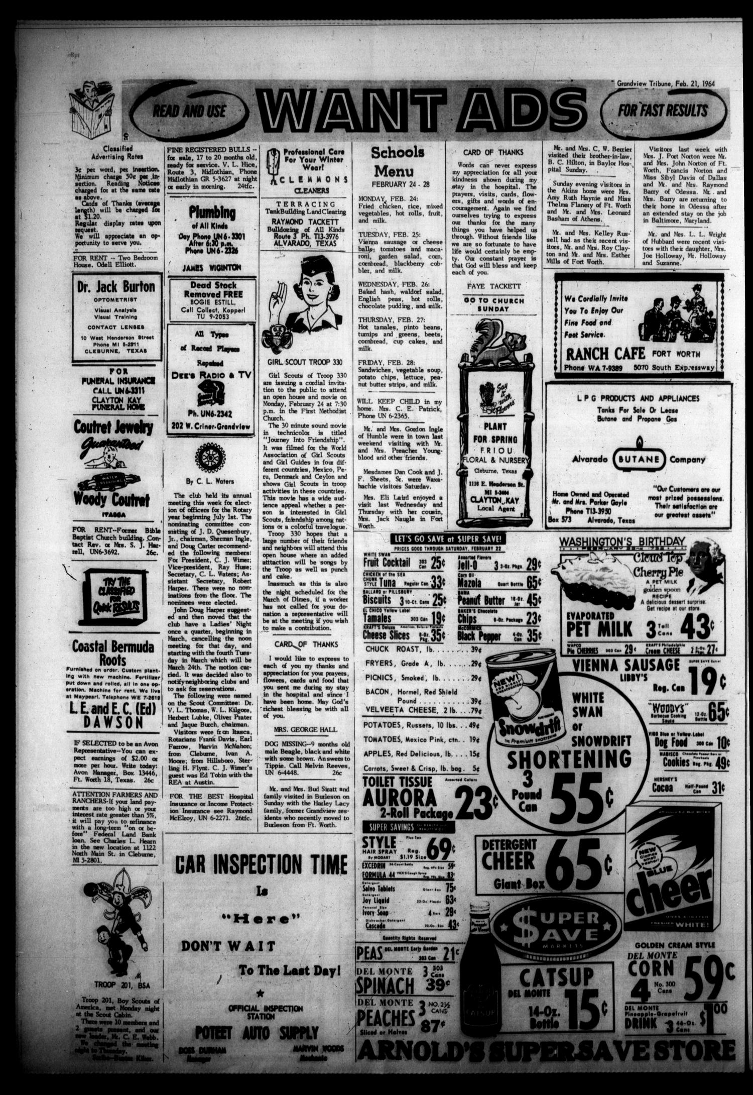 Grandview Tribune (Grandview, Tex.), Vol. 69, No. 26, Ed. 1 Friday, February 21, 1964
                                                
                                                    [Sequence #]: 4 of 4
                                                