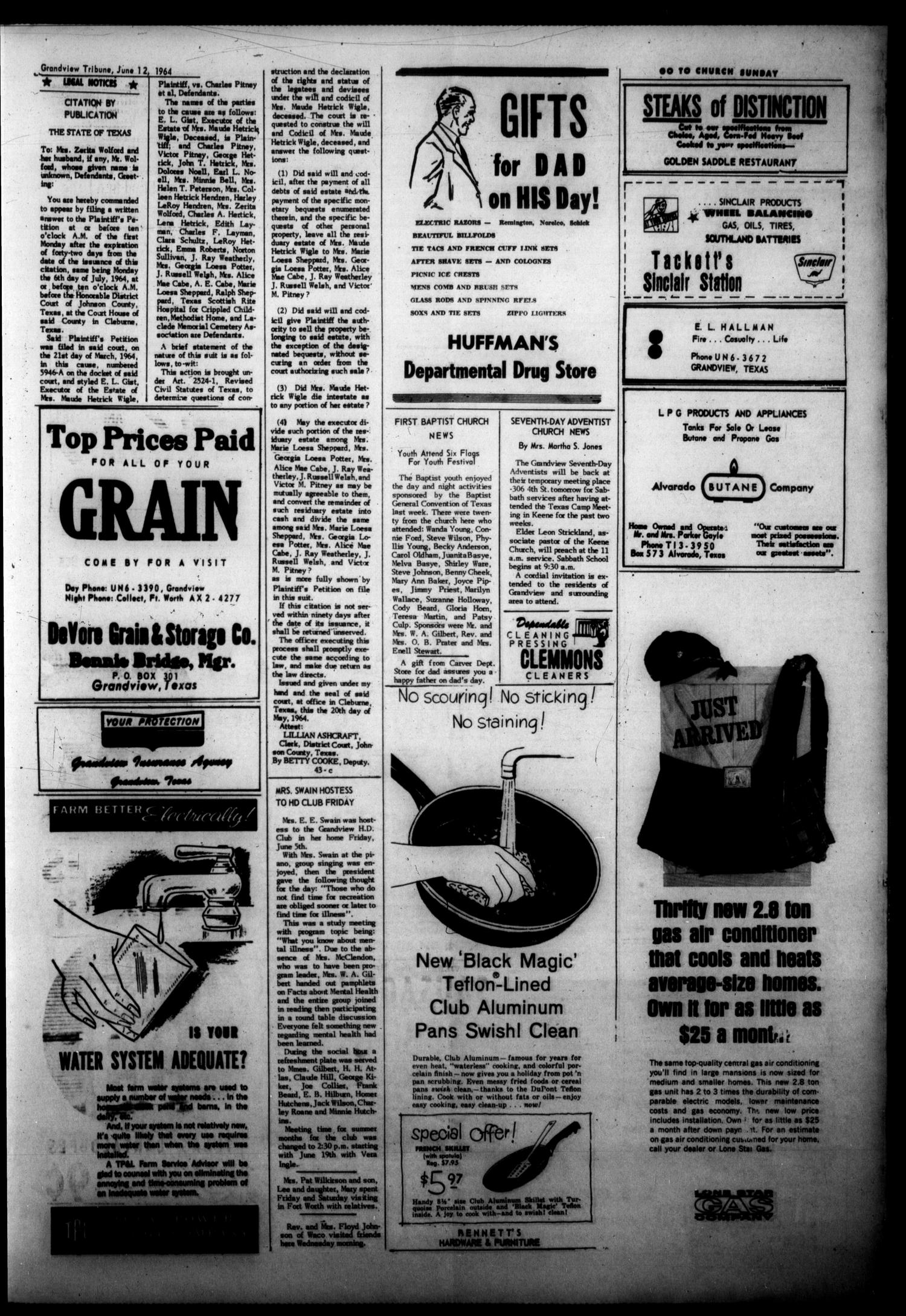 Grandview Tribune (Grandview, Tex.), Vol. 69, No. 42, Ed. 1 Friday, June 12, 1964
                                                
                                                    [Sequence #]: 3 of 4
                                                