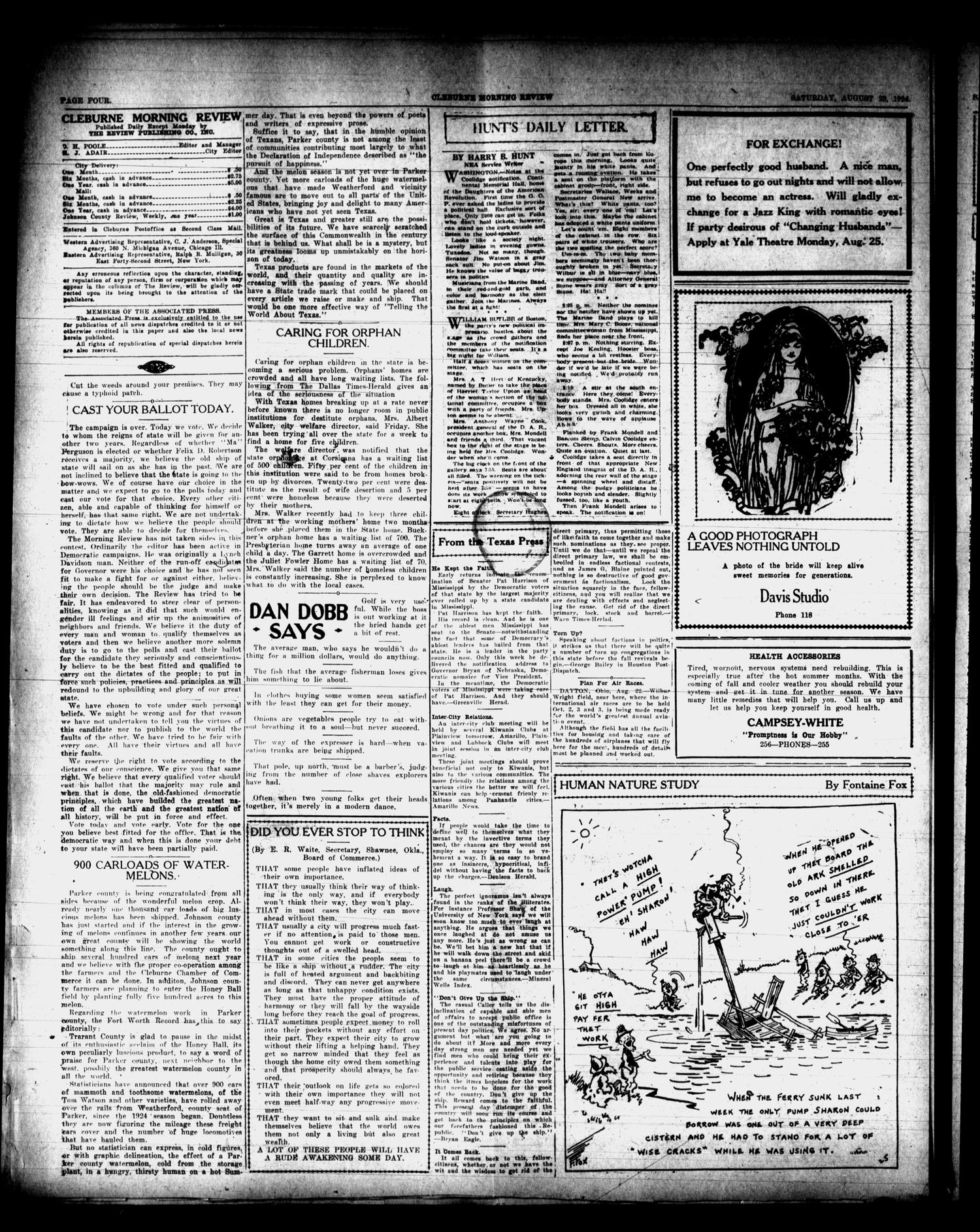Cleburne Morning Review (Cleburne, Tex.), Ed. 1 Saturday, August 23, 1924
                                                
                                                    [Sequence #]: 4 of 8
                                                