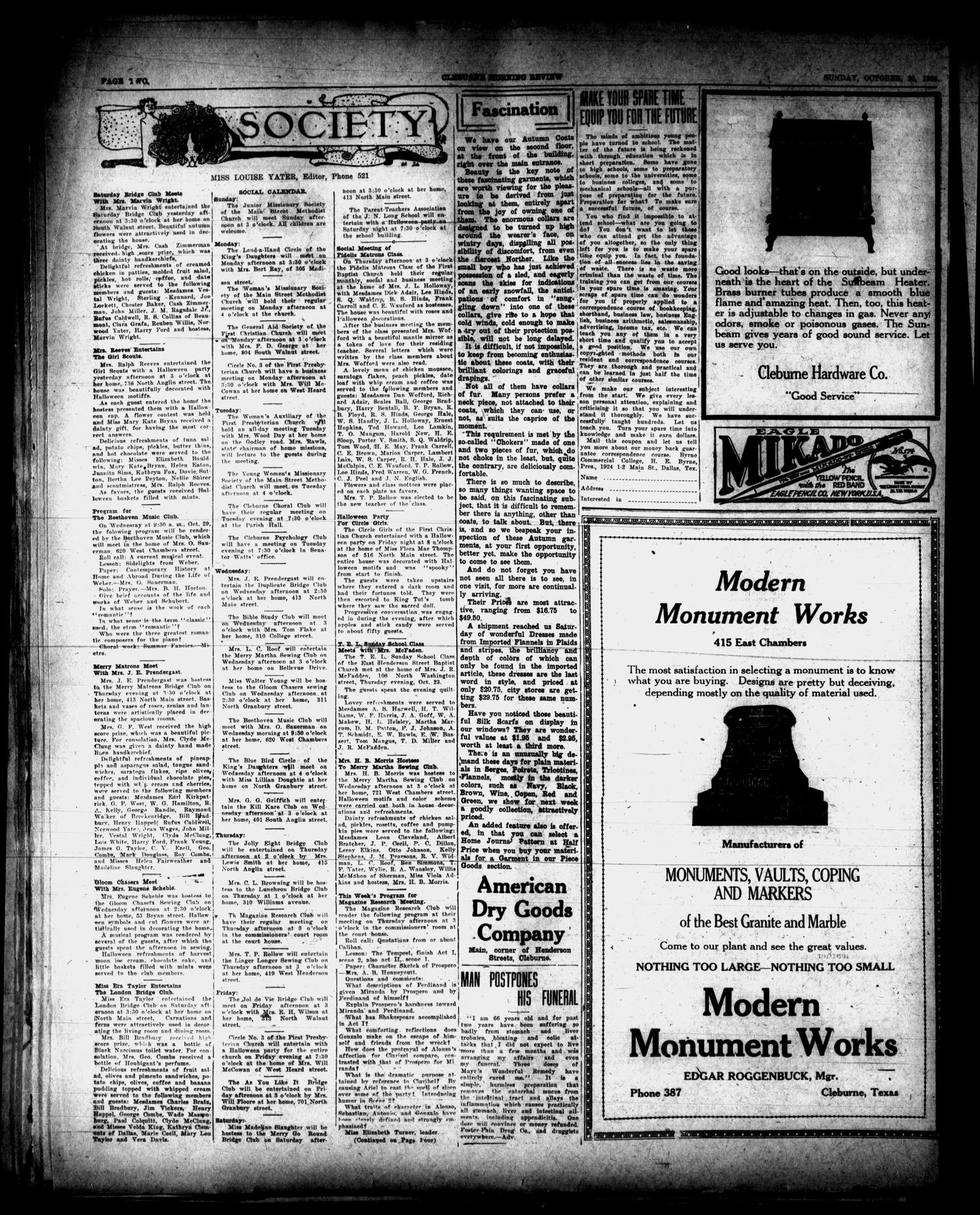 Cleburne Morning Review (Cleburne, Tex.), Ed. 1 Sunday, October 26, 1924
                                                
                                                    [Sequence #]: 2 of 10
                                                