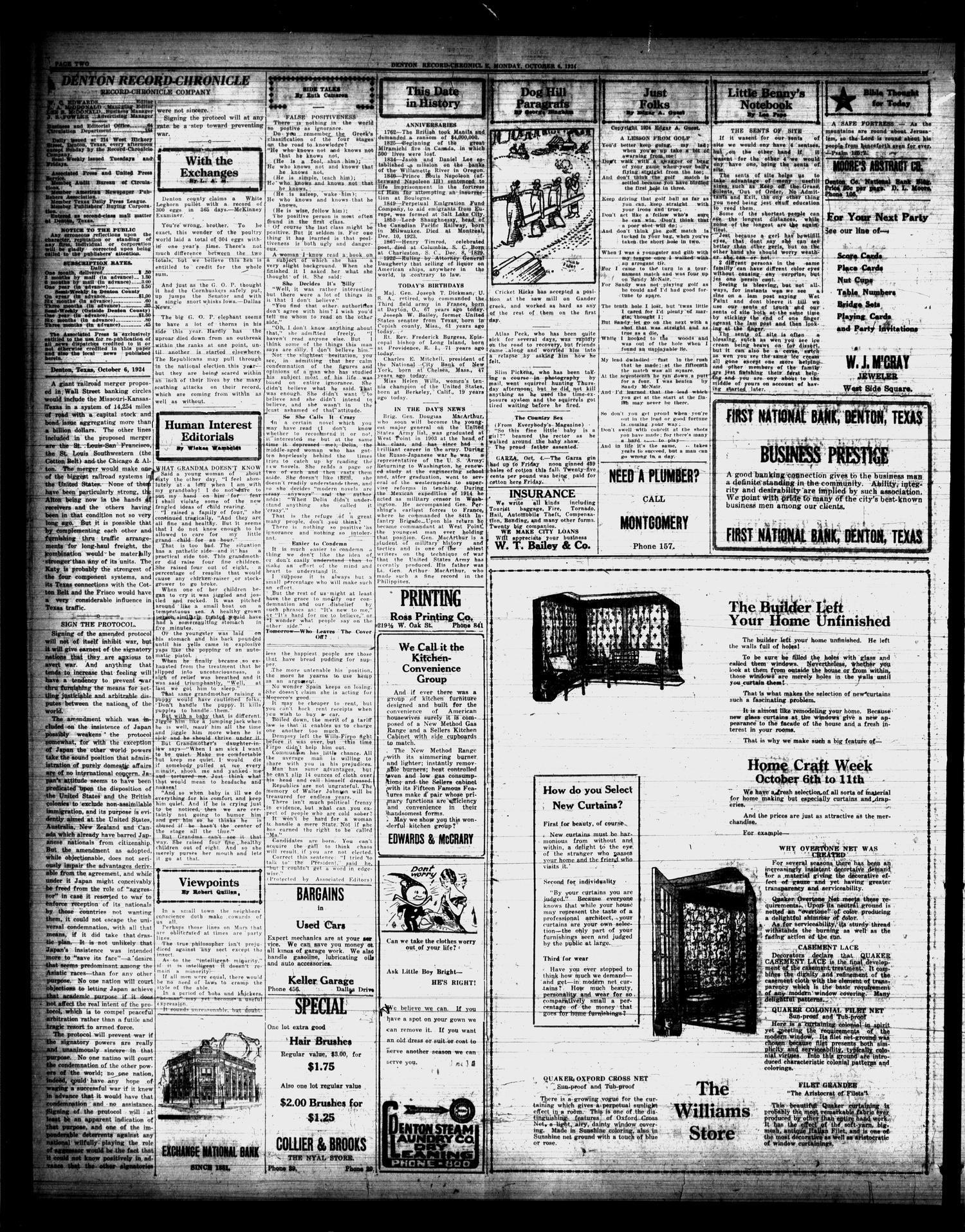 Denton Record-Chronicle (Denton, Tex.), Vol. 24, No. 45, Ed. 1 Monday, October 6, 1924
                                                
                                                    [Sequence #]: 2 of 8
                                                