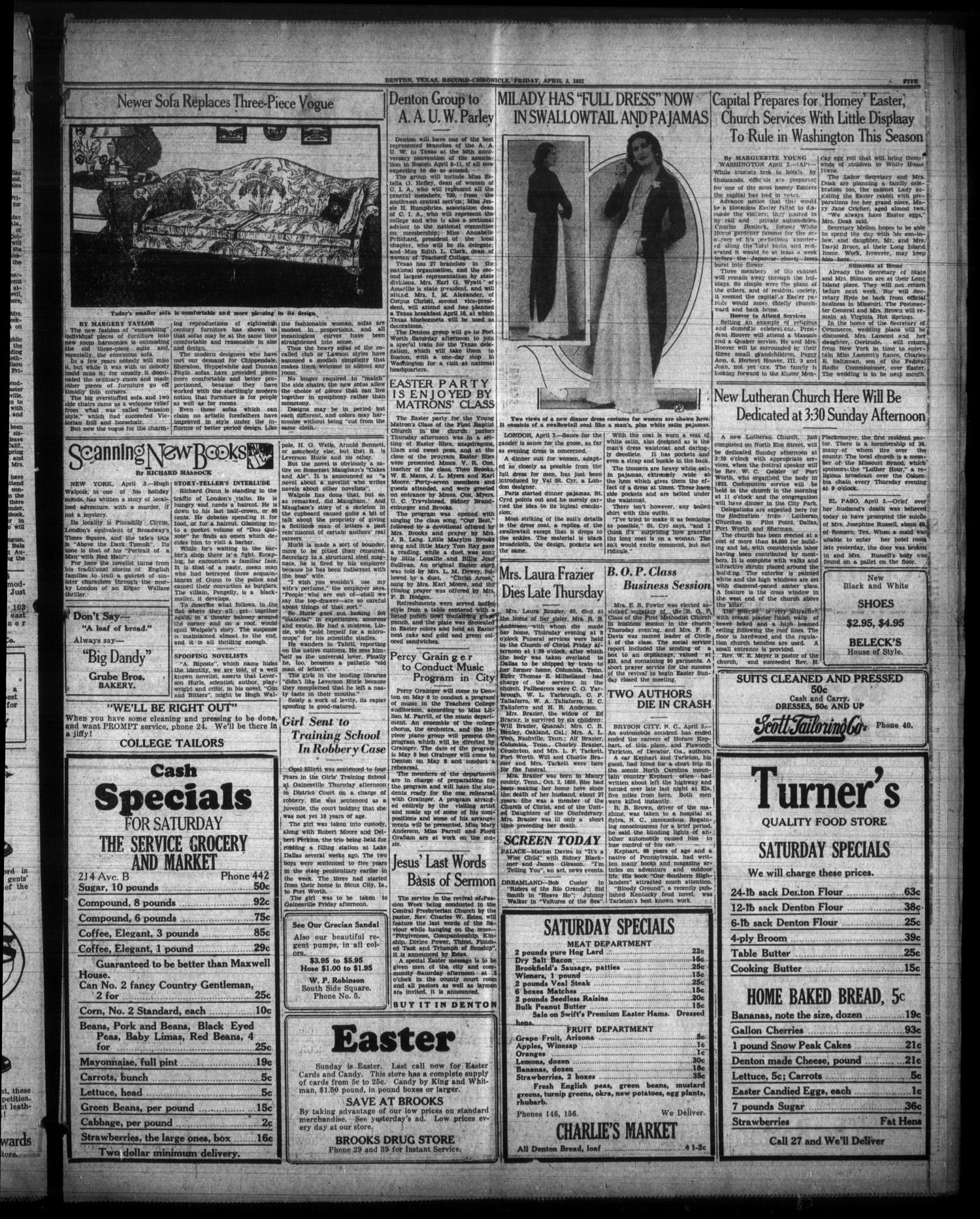 Denton Record-Chronicle (Denton, Tex.), Vol. 30, No. 199, Ed. 1 Friday, April 3, 1931
                                                
                                                    [Sequence #]: 5 of 14
                                                