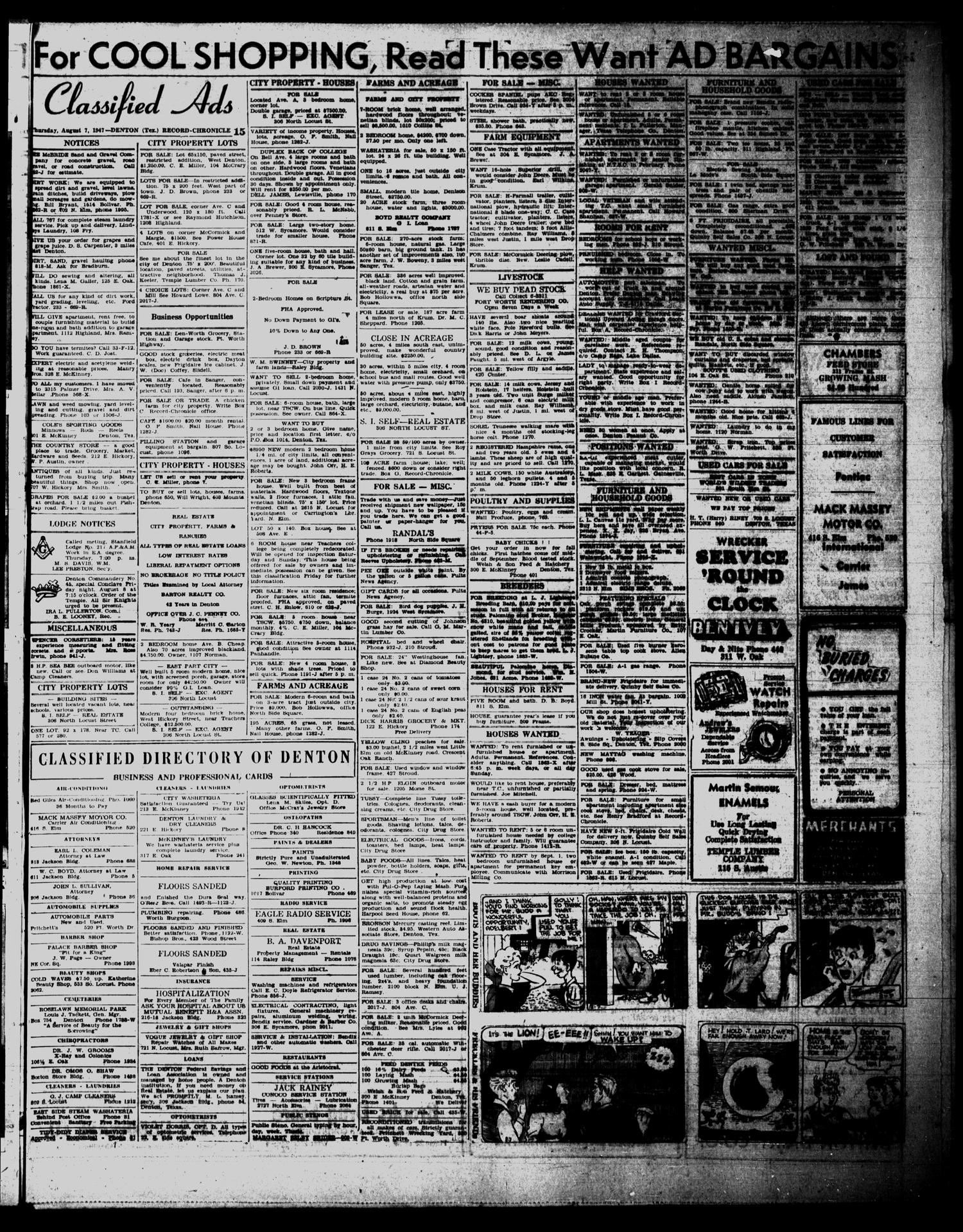 Denton Record-Chronicle (Denton, Tex.), Vol. 44, No. 305, Ed. 1 Thursday, August 7, 1947
                                                
                                                    [Sequence #]: 15 of 16
                                                
