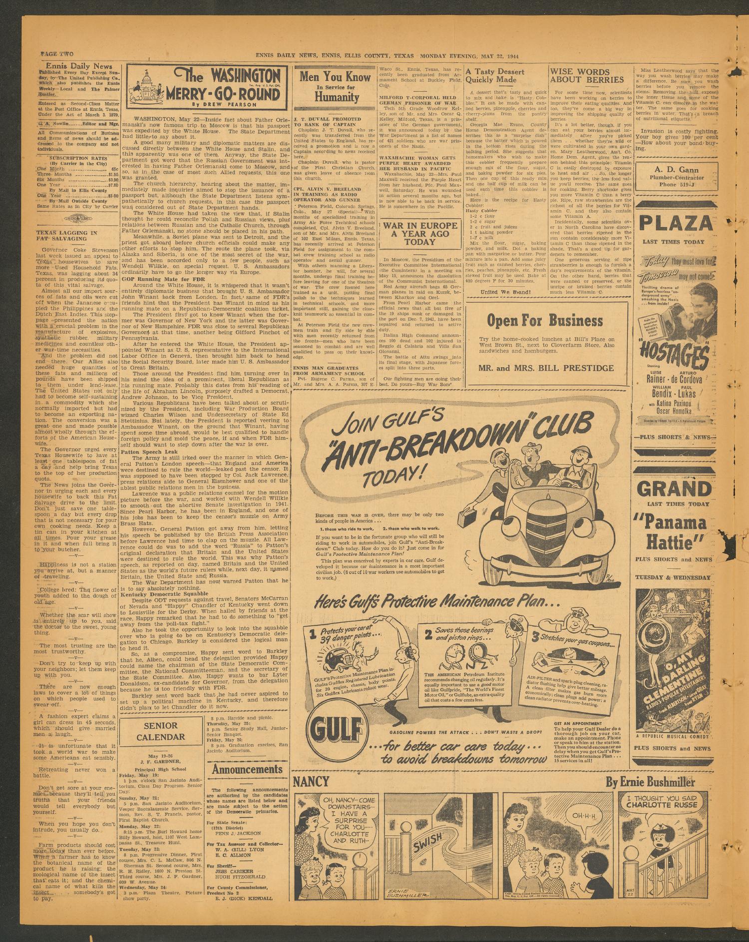 The Ennis Daily News (Ennis, Tex.), Vol. 53, No. 120, Ed. 1 Monday, May 22, 1944
                                                
                                                    [Sequence #]: 2 of 4
                                                