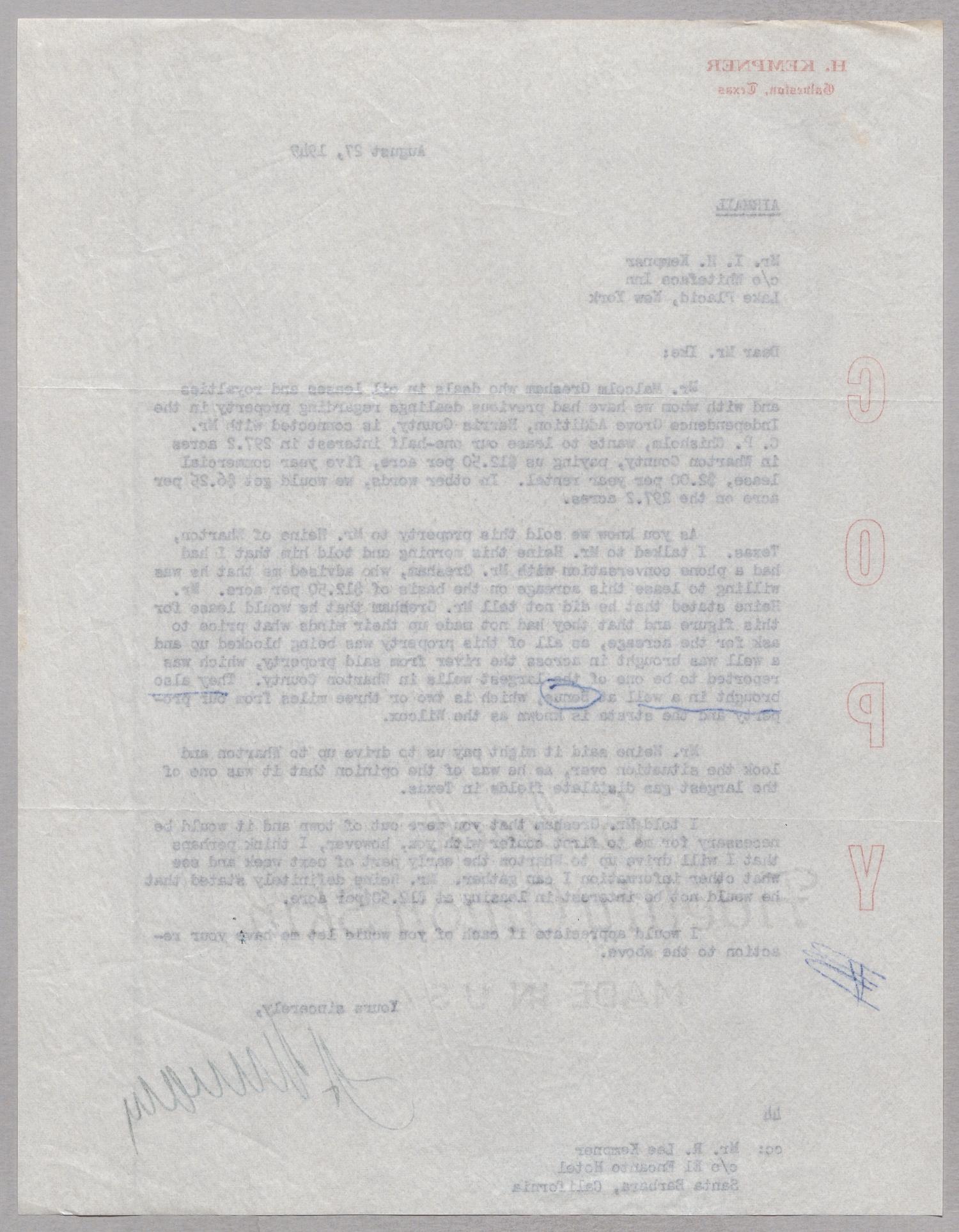 [Letter from A. H. Blackshear Jr. to I. H. Kempner, August 27, 1949]
                                                
                                                    [Sequence #]: 2 of 2
                                                