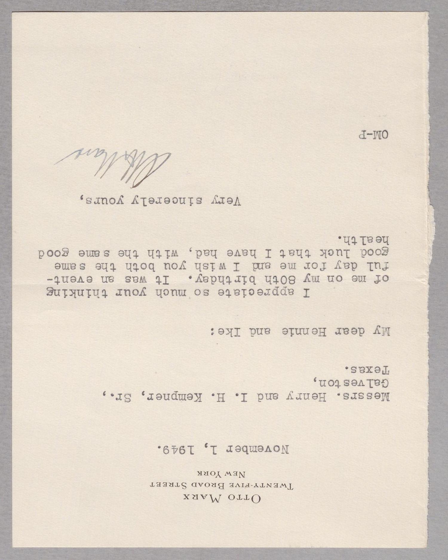 [Letter from Otto Marx to Messrs. Henry and I. H. Kempner, Sr., November 1, 1949]
                                                
                                                    [Sequence #]: 1 of 2
                                                