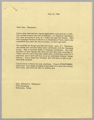 Primary view of object titled '[Letter to Mrs. Edward R. Thompson, July 18, 1962]'.