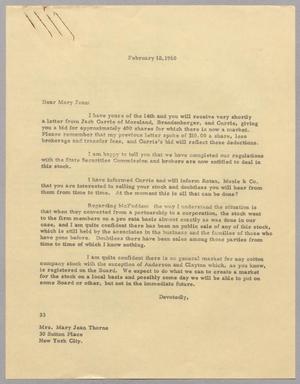 Primary view of object titled '[Letter from Harris Leon Kempner to Mary Jean Kempner, February 18, 1960]'.