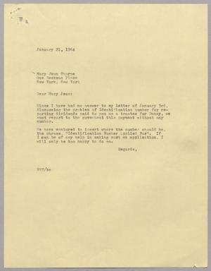 Primary view of [Letter from E. R. Thompson, Jr. to Mrs. Mary Jean Thorne, January 21, 1964]