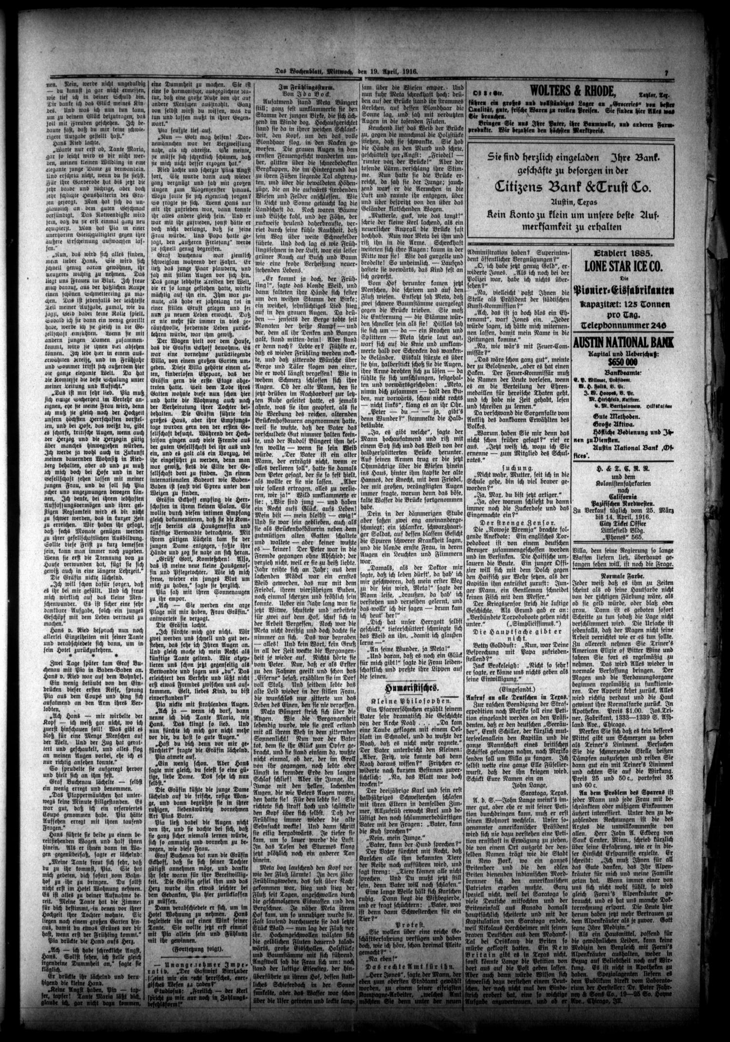 Das Wochenblatt. (Austin, Tex.), Vol. 7, No. 38, Ed. 1 Wednesday, April 19, 1916
                                                
                                                    [Sequence #]: 7 of 8
                                                