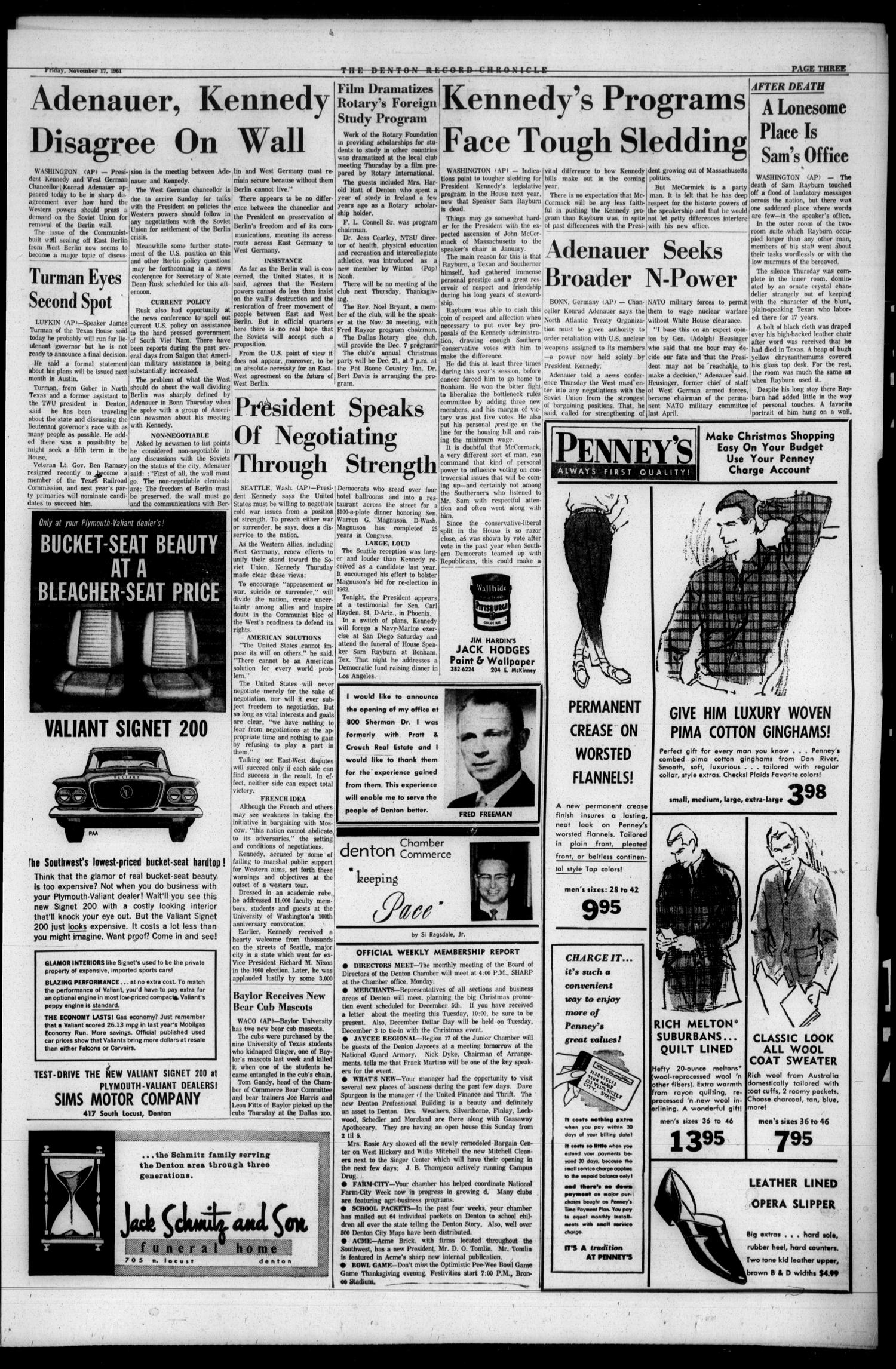 Denton Record-Chronicle (Denton, Tex.), Vol. 59, No. 85, Ed. 1 Friday, November 17, 1961
                                                
                                                    [Sequence #]: 3 of 16
                                                