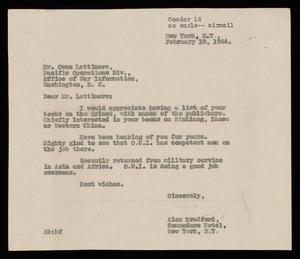 Primary view of object titled '[Letter from Alex Bradford to Owen Lattimore, February 18, 1944]'.