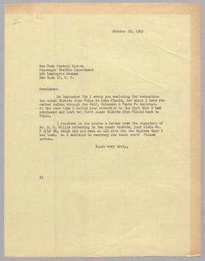 Primary view of object titled '[Letter from Isaac H. Kempner to the New York Central System, October 20, 1949]'.
