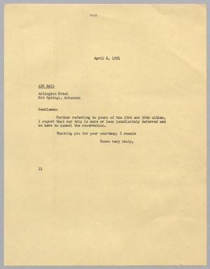 Primary view of object titled '[Letter from Isaac Herbert Kempner to Arlington Hotel, April 6, 1951]'.
