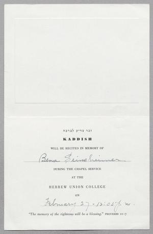 Primary view of object titled '[Invitation to Kaddish in Honor of Bena Seinsheimer]'.