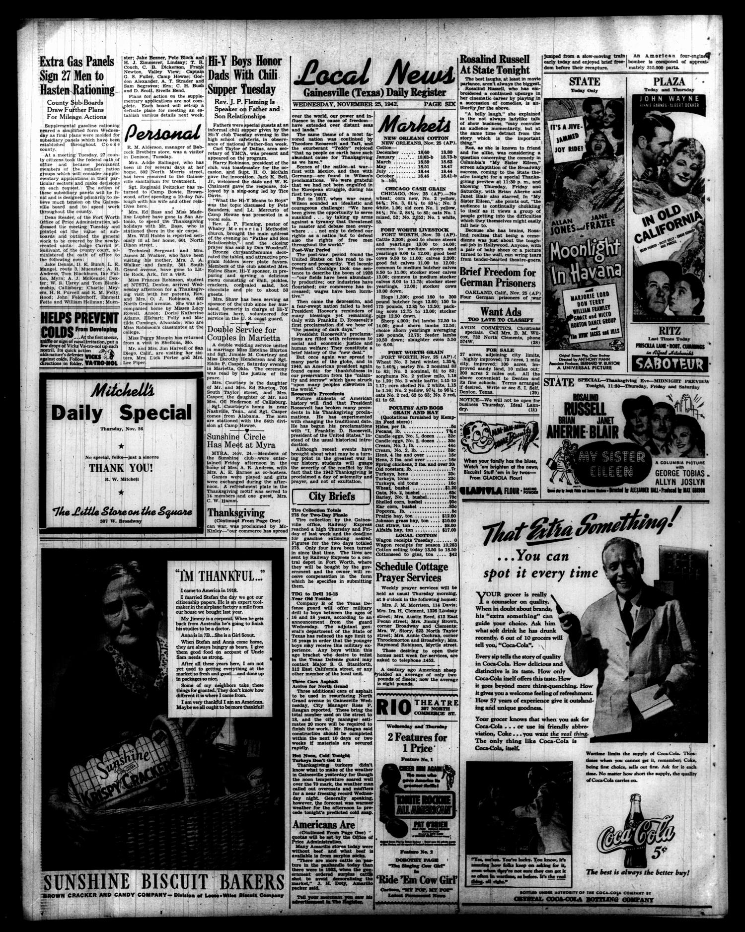 Gainesville Daily Register and Messenger (Gainesville, Tex.), Vol. 53, No. 75, Ed. 1 Wednesday, November 25, 1942
                                                
                                                    [Sequence #]: 6 of 6
                                                