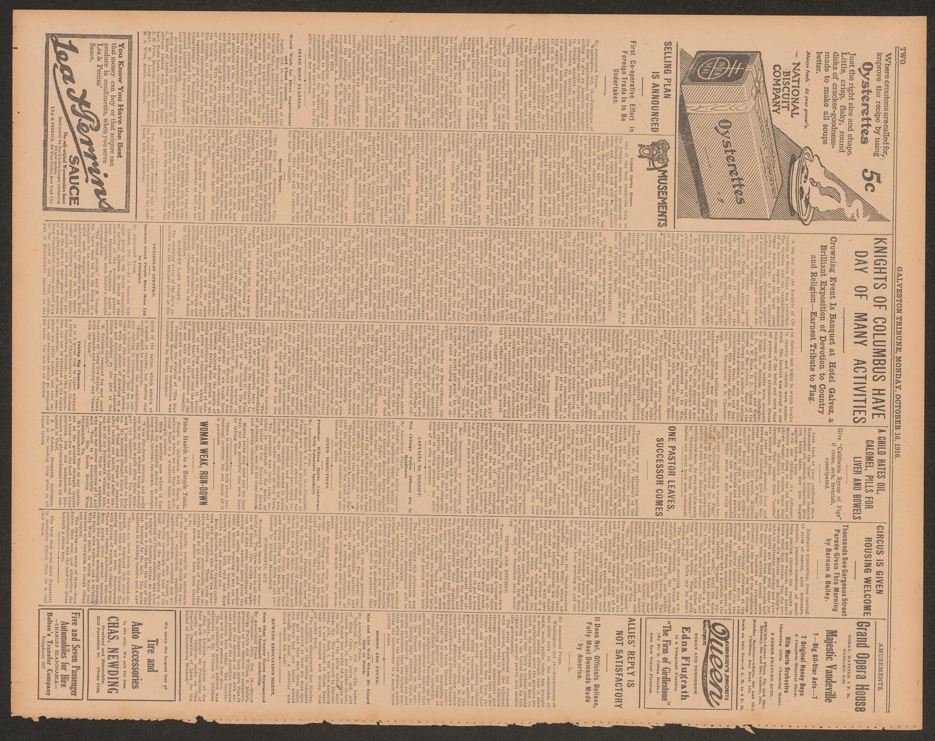 Galveston Tribune. (Galveston, Tex.), Vol. 36, No. 278, Ed. 1 Monday, October 16, 1916
                                                
                                                    [Sequence #]: 2 of 10
                                                