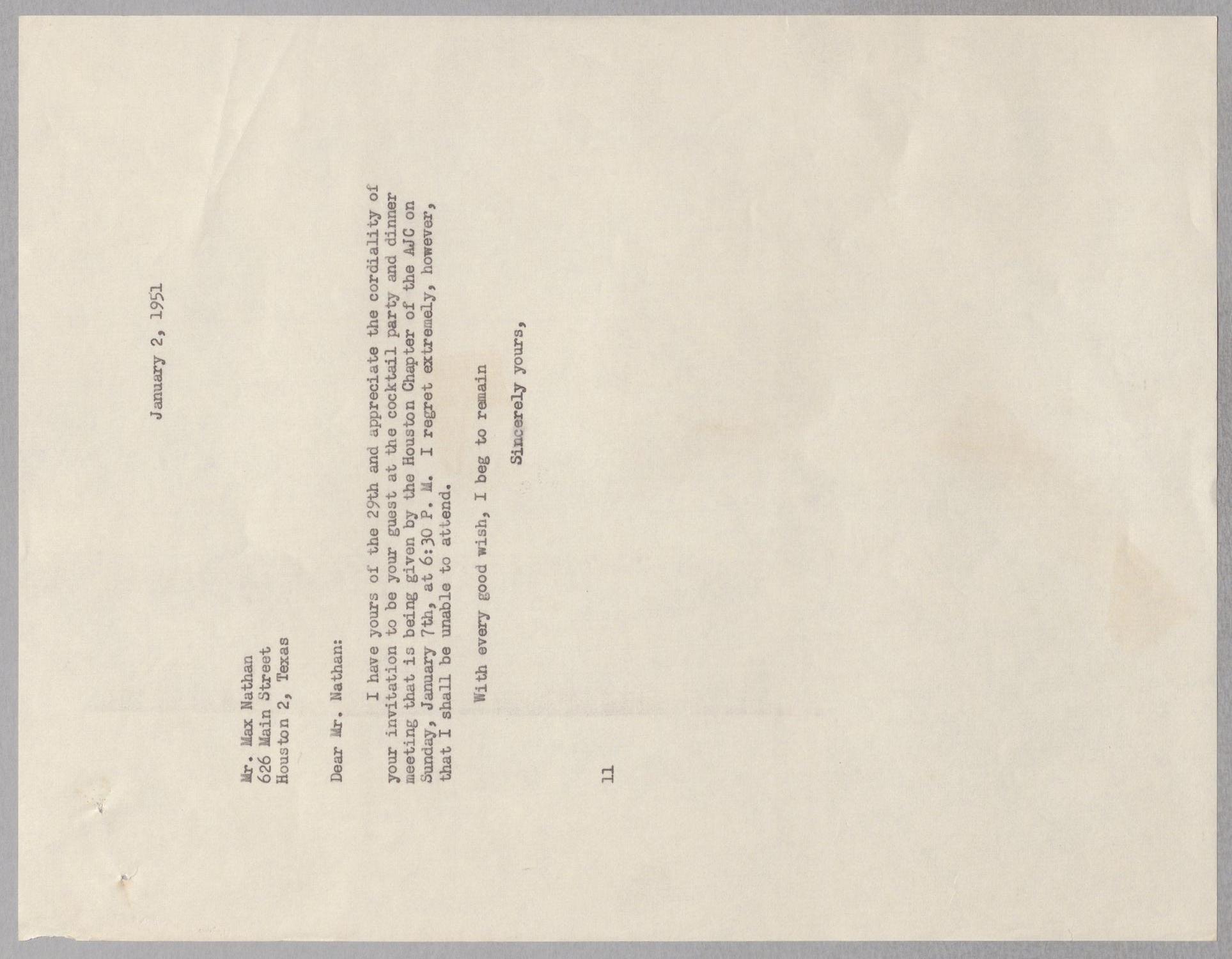 [Letter from I. H. Kempner to Mr. Max Nathan, January 2, 1951]
                                                
                                                    [Sequence #]: 1 of 2
                                                