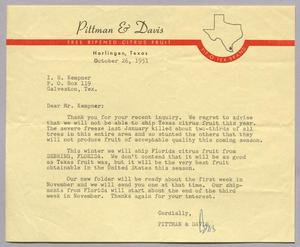 Primary view of object titled '[Letter from Pittman & Davis to Isaac H. Kempner, October 26, 1951]'.