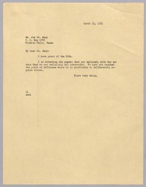 Primary view of object titled '[Letter from I. H. Kempner to Joe St. Mary, March 21, 1951]'.
