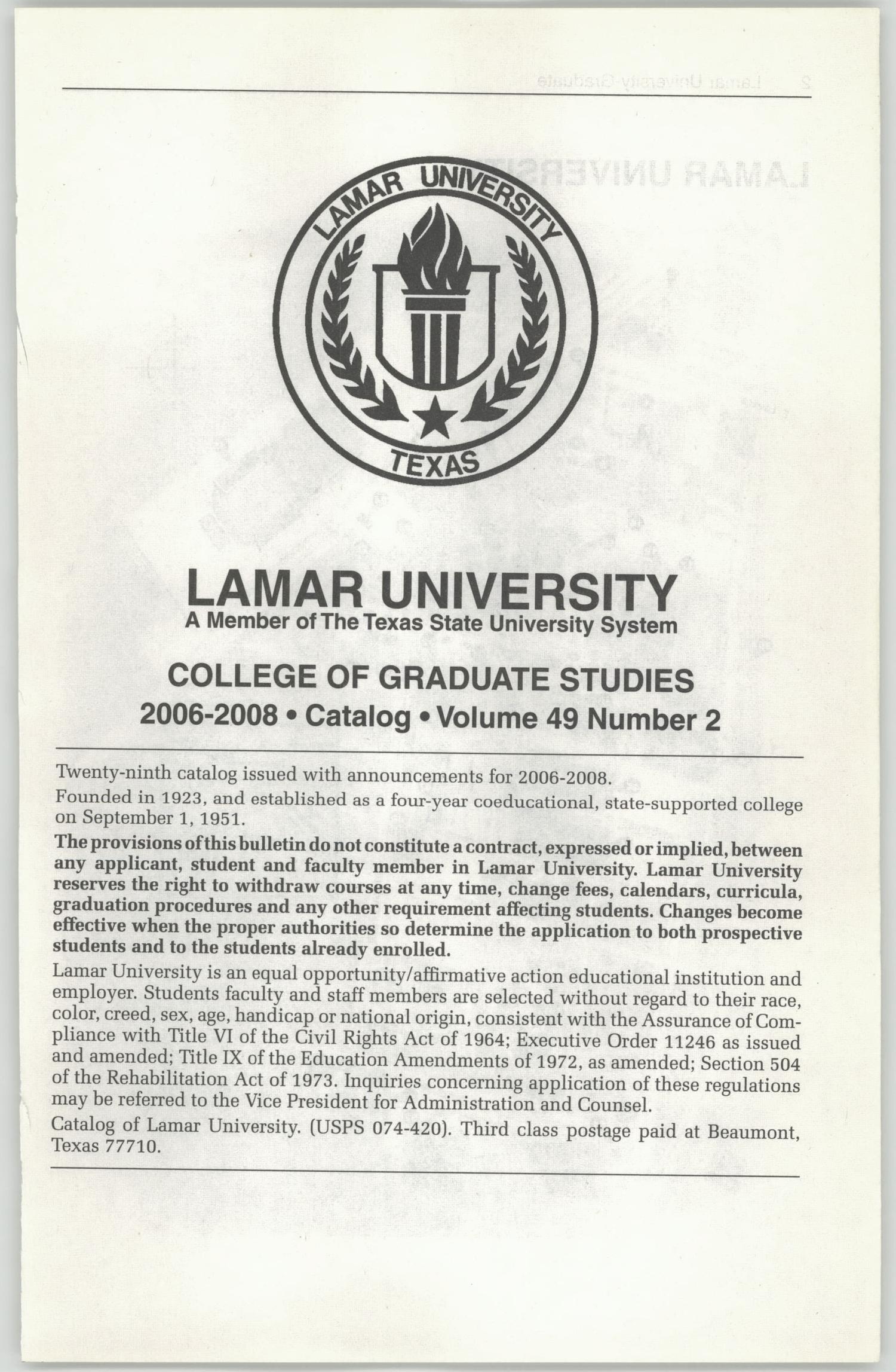 Catalog of Lamar University: 2006-2008, Graduate
                                                
                                                    Title Page
                                                