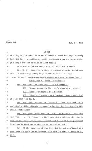 Primary view of object titled '81st Texas Legislature, Regular Session, House Bill 4710, Chapter 1062'.
